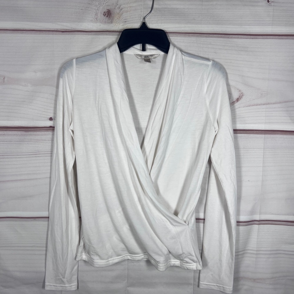 Banana Republic Top Womens S White Threadsoft Faux Wrap V-Neck Long Sleeve Solid
